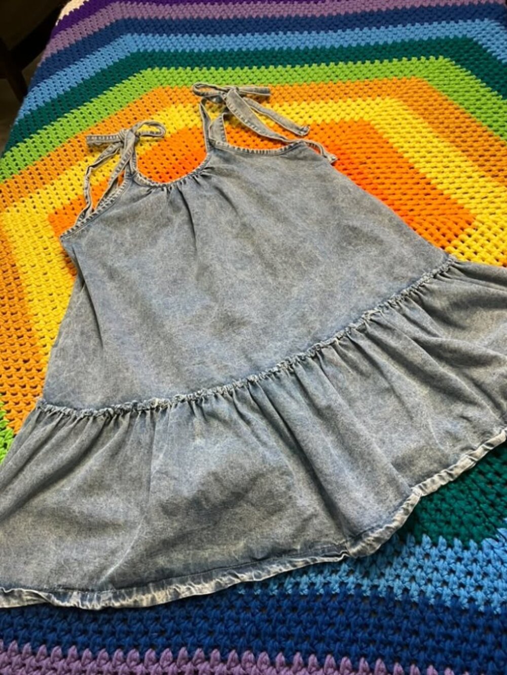 Denim Acid Wash Tie Strap Mini Dress